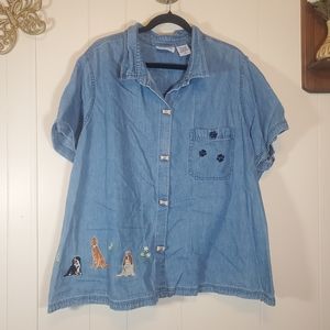 Vintage Blair Denim Short Sleeve Dog Embroidered Button Up Shirt 3X